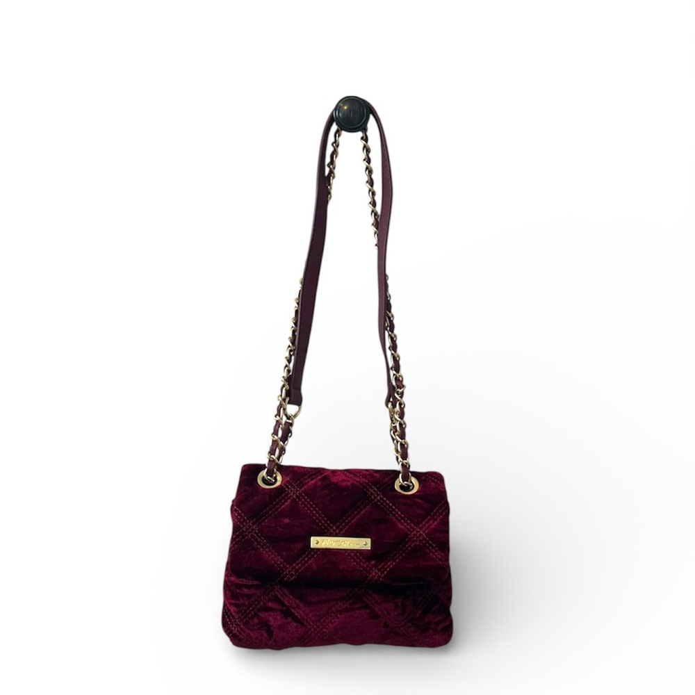 Betsey Johnson Burgundy Quilted Velvet Mini Crossbody Bag – Gold Chain Strap